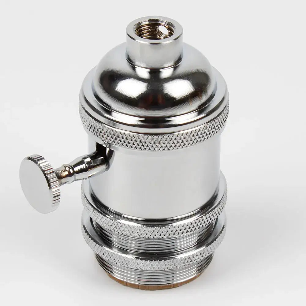 Chrome finished edison style lamp base holder with textured ridged bands and side adjustment knob for dining room pendant