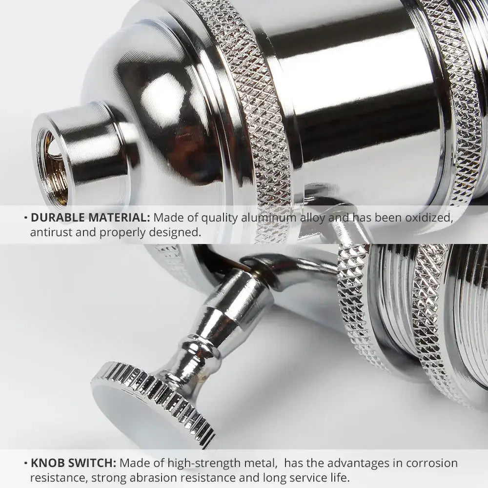 Chrome-finished aluminum alloy faucet with textured knurled grip and knob switch on industrial brass and chrome lamp base holder