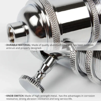 Chrome-finished aluminum alloy faucet with textured knurled grip and knob switch on industrial brass and chrome lamp base holder