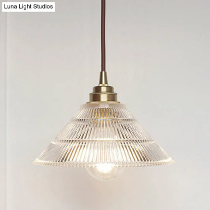 Industrial Brass Cone Pendant Ceiling Light with Clear Ribbed Glass Drop for Dining Room