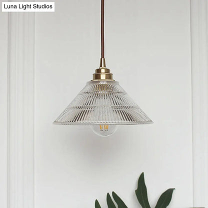 Industrial Brass Cone Pendant Ceiling Light with Clear Ribbed Glass Drop for Dining Room