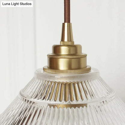 Industrial Brass Cone Pendant Ceiling Light with Clear Ribbed Glass Drop for Dining Room