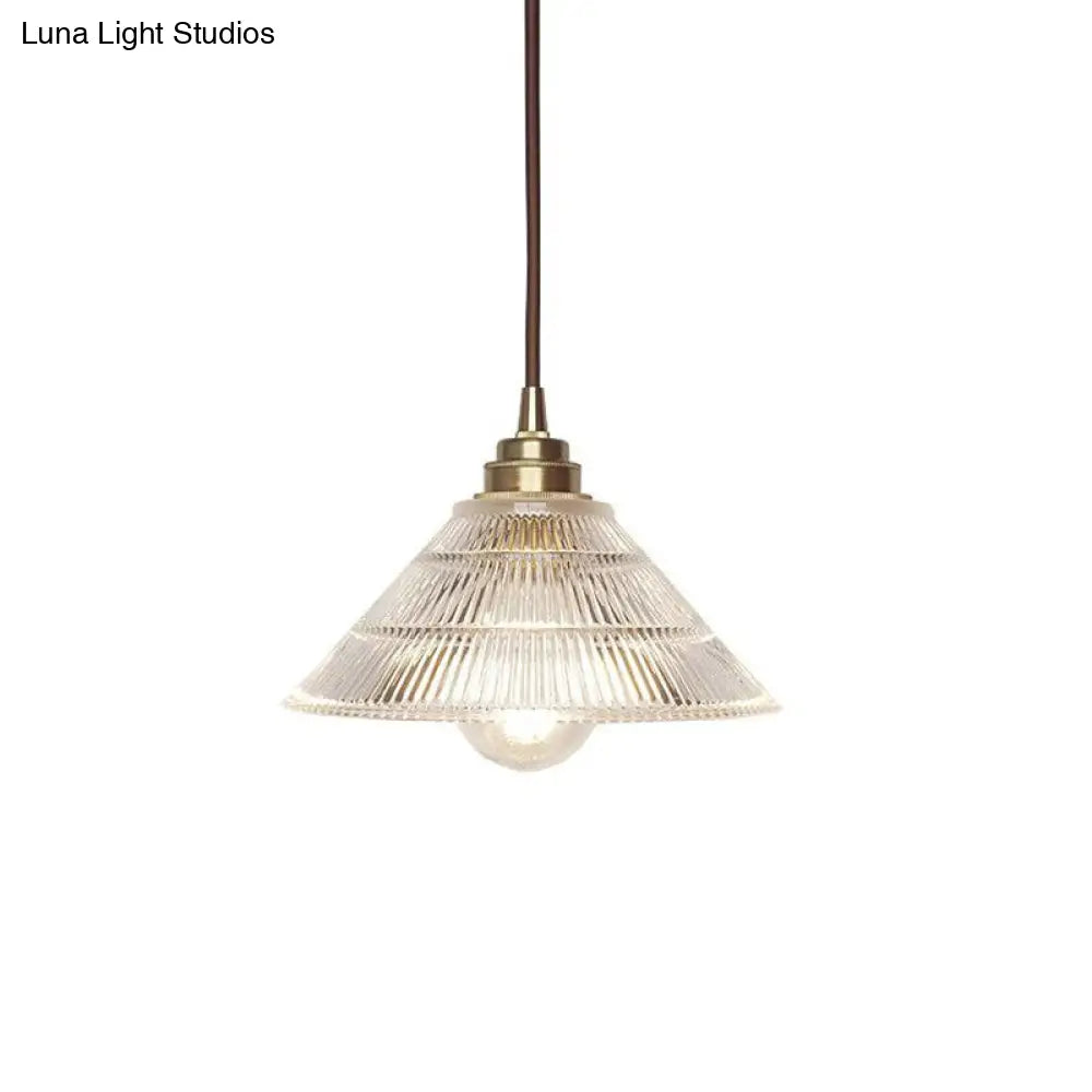 Industrial Brass Cone Pendant Ceiling Light with Clear Ribbed Glass Drop for Dining Room