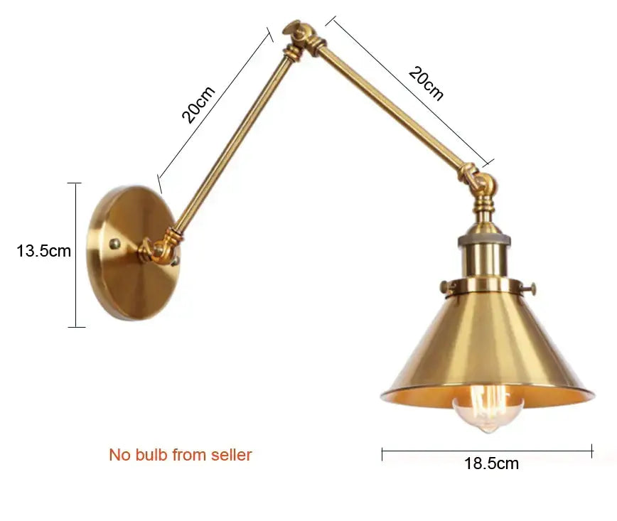 Brass-finished decorbites adjustable long arm wall lamp with conical shade and articulated arm for bedroom wall light