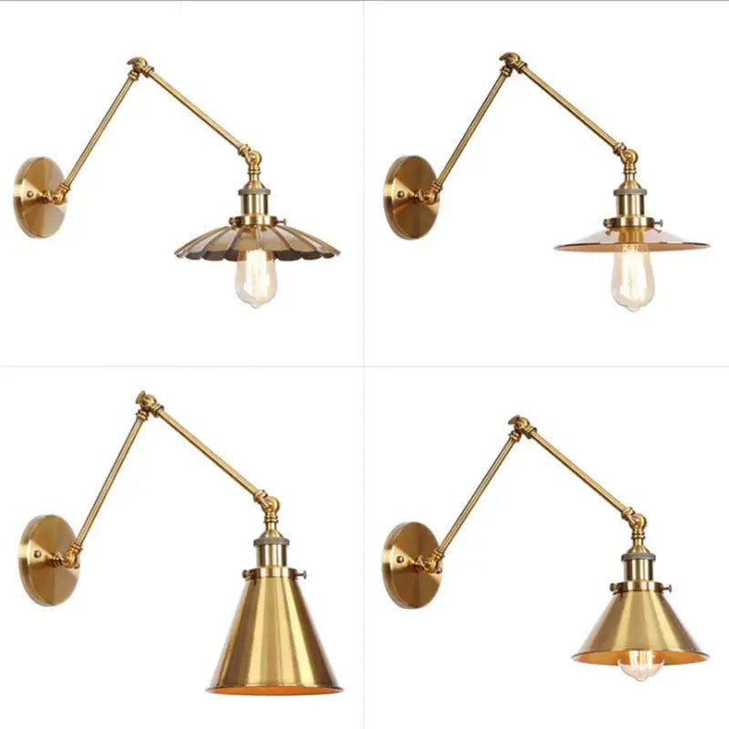 Industrial brass decorbites adjustable long arm wall lamp with fluted shade and exposed edison bulb wall light