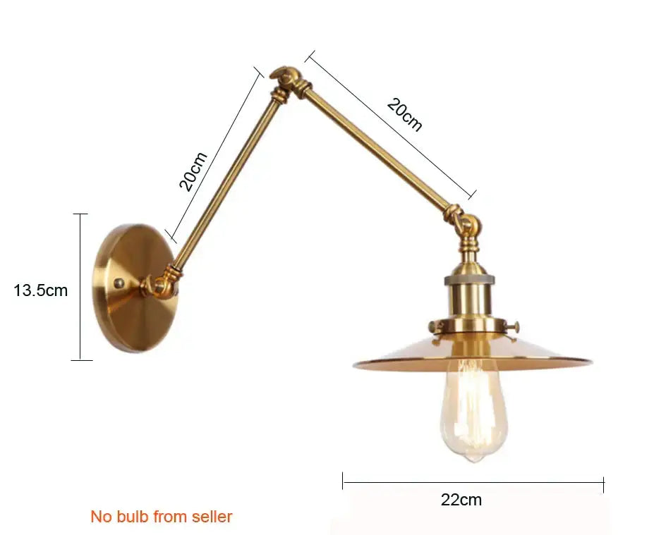 Brass-finished industrial decorbites adjustable long wall lamp with vintage Edison bulb and flared shade wall light