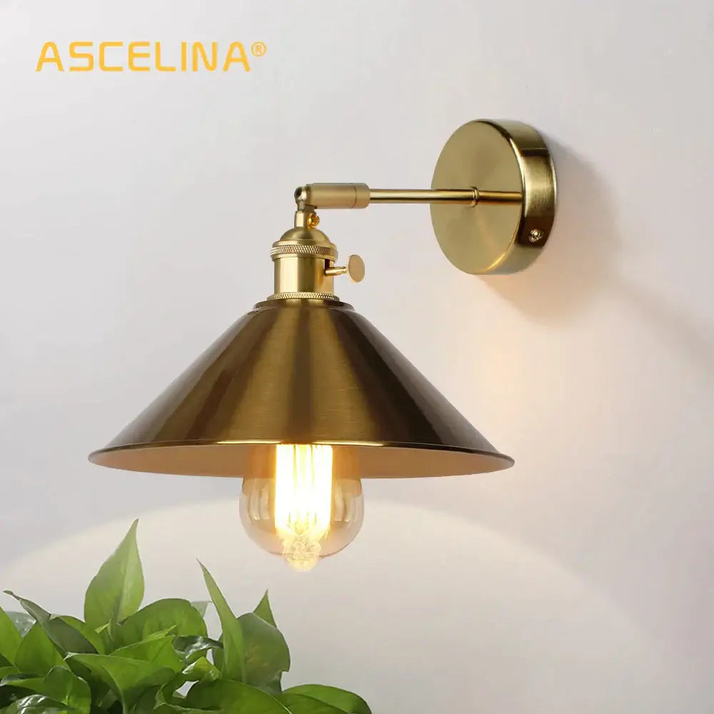 Industrial brass decorbites copper vintage wall lamp with conical shade and exposed filament bulb for bedroom sconce lighting