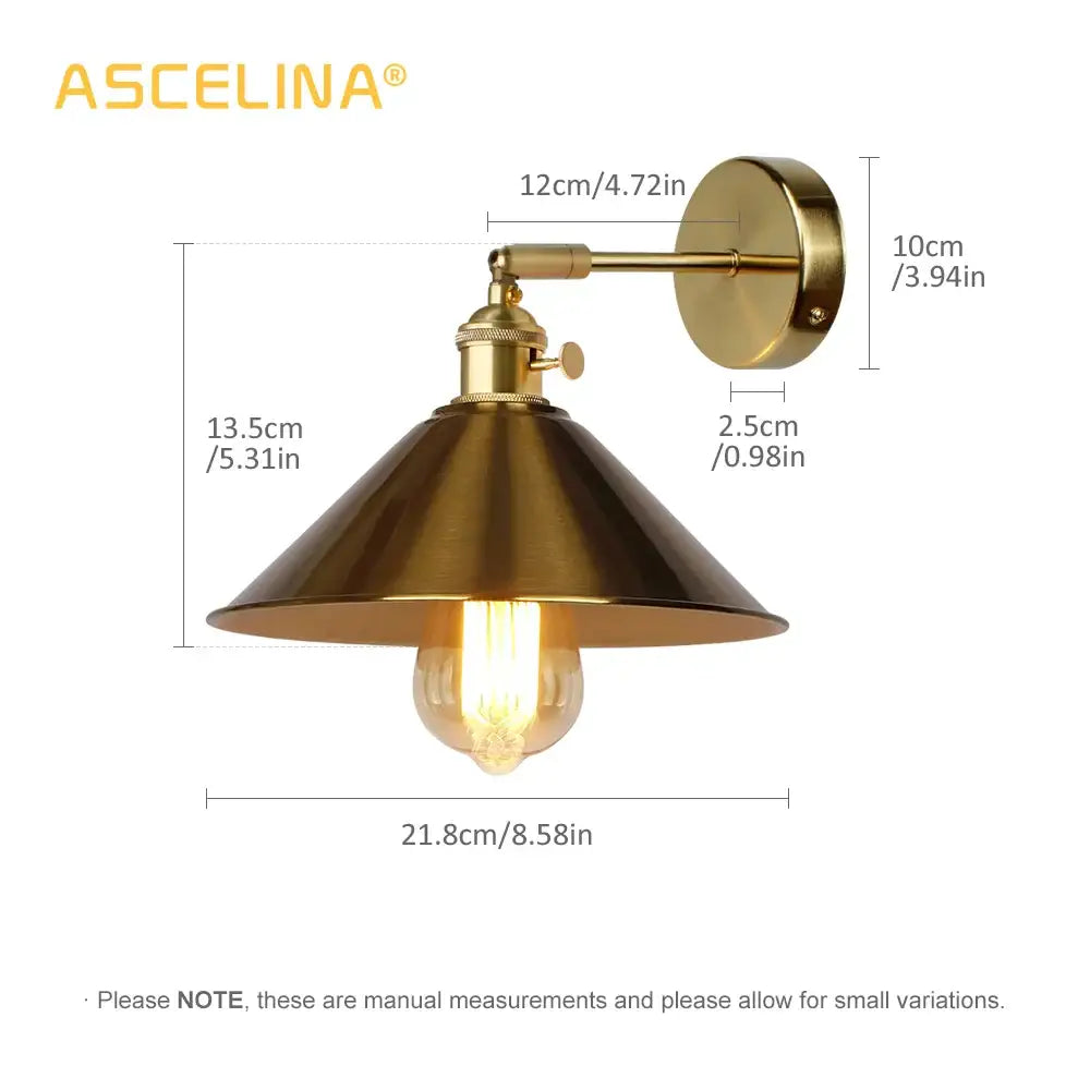 Industrial brass decorbites copper vintage wall lamp with conical shade and exposed filament bulb for bedroom sconce use