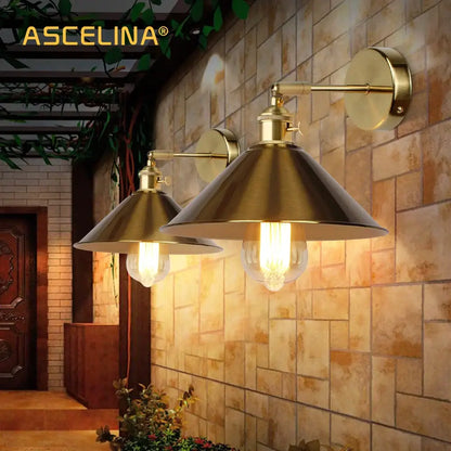 Industrial brass decorbites copper vintage wall lamp with conical shades and exposed filament bulbs for bedroom sconce