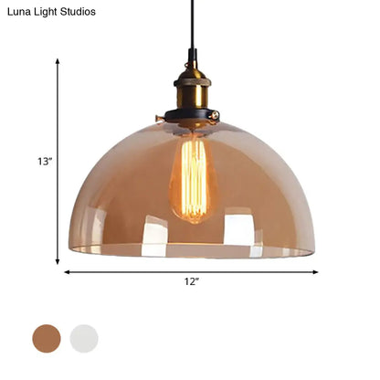 Industrial Brass Dome Pendant Light - Clear/Amber Glass