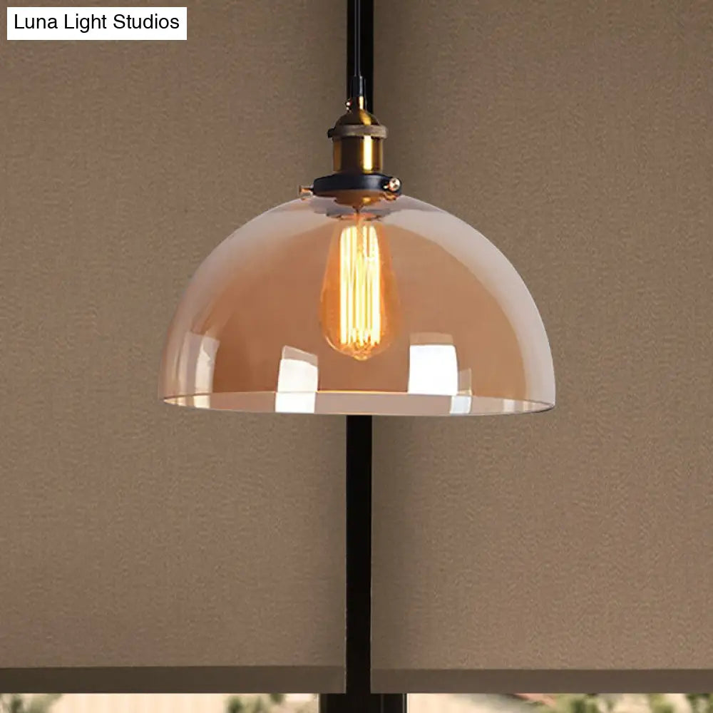 Industrial Brass Dome Pendant Light - Clear/Amber Glass