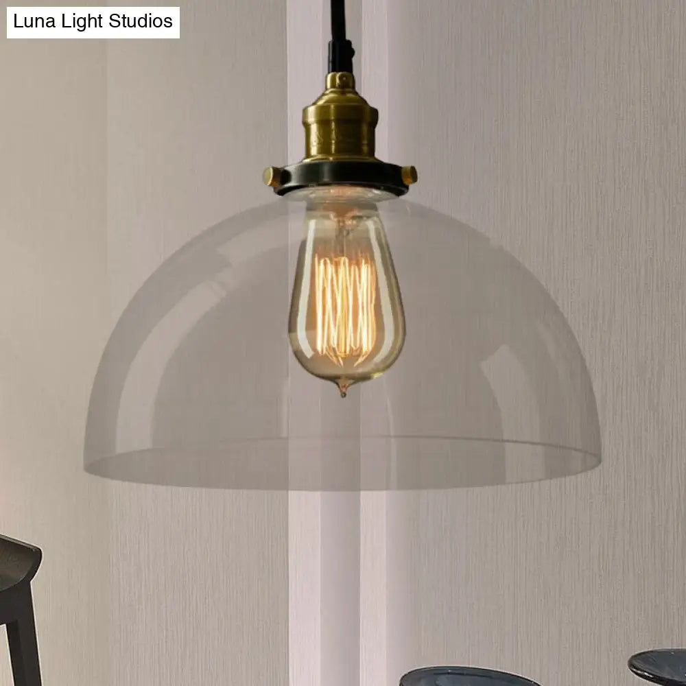 Industrial Brass Dome Pendant Light - Clear/Amber Glass