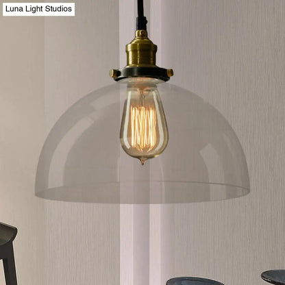 Industrial Brass Dome Pendant Light - Clear/Amber Glass