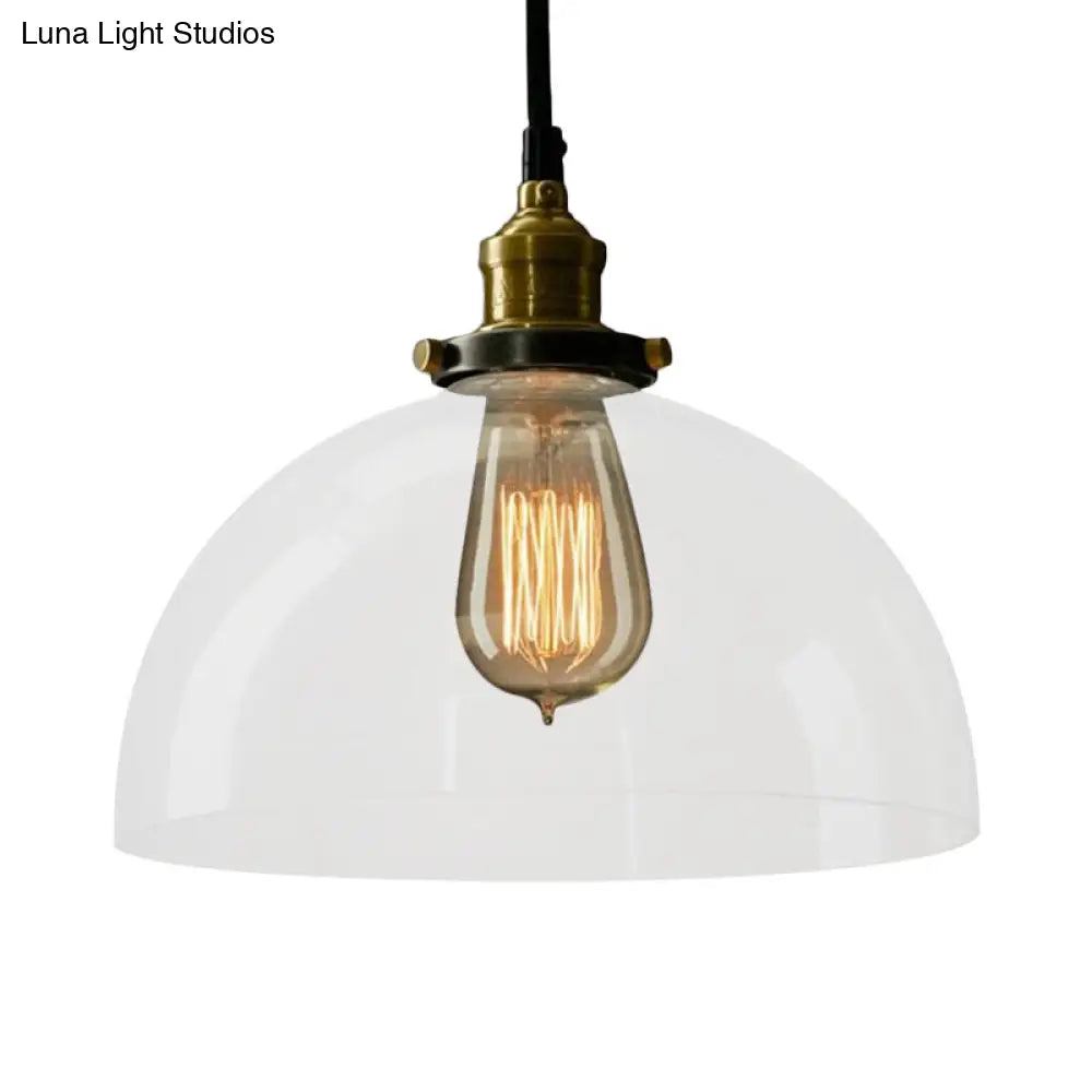 Industrial Brass Dome Pendant Light - Clear/Amber Glass