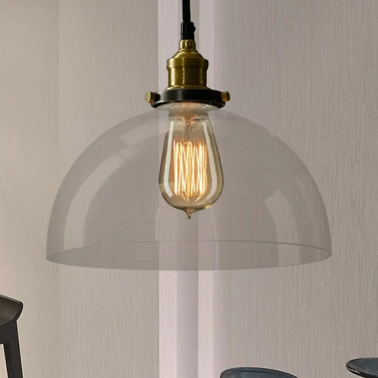 Industrial Brass Dome Pendant Light - Clear/Amber Glass