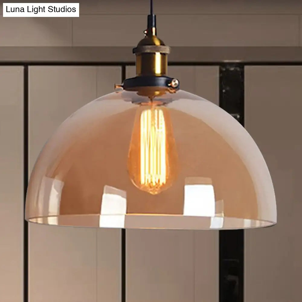 Industrial Brass Dome Pendant Light - Clear/Amber Glass