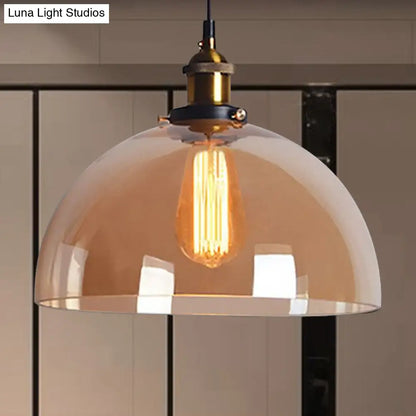 Industrial Brass Dome Pendant Light - Clear/Amber Glass