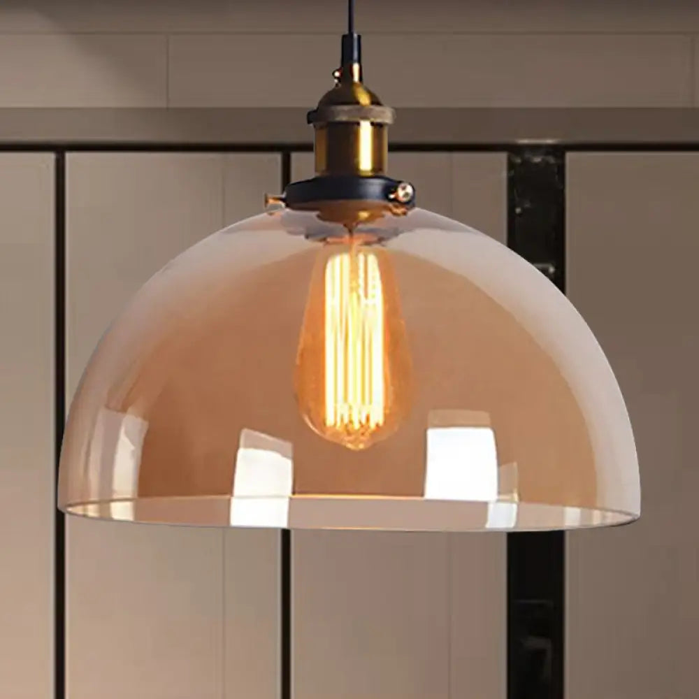 Industrial Brass Dome Pendant Light - Clear/Amber Glass