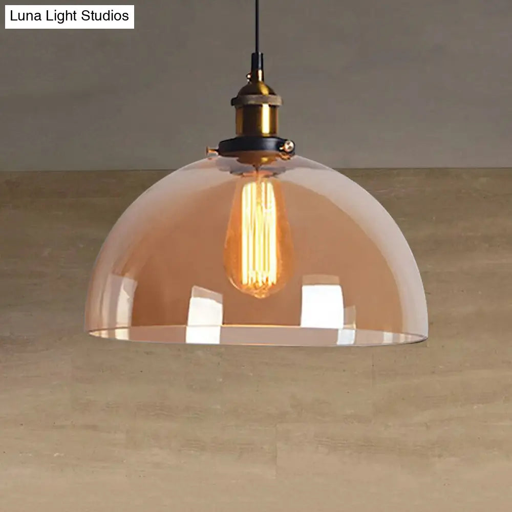 Industrial Brass Dome Pendant Light - Clear/Amber Glass