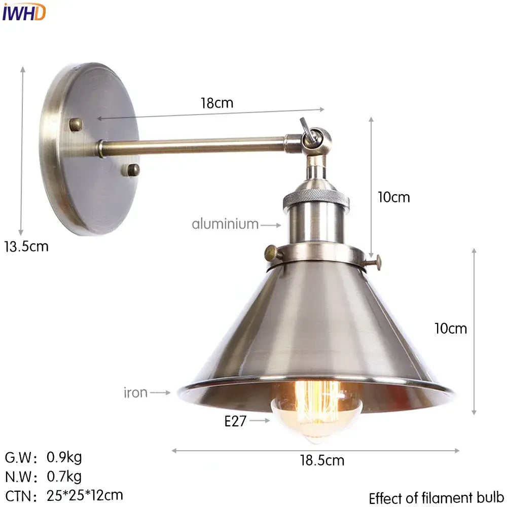 Industrial brass Edison wall light with adjustable arm conical iron shade and brushed metallic finish for bathroom decorbites brass Edison sconce
