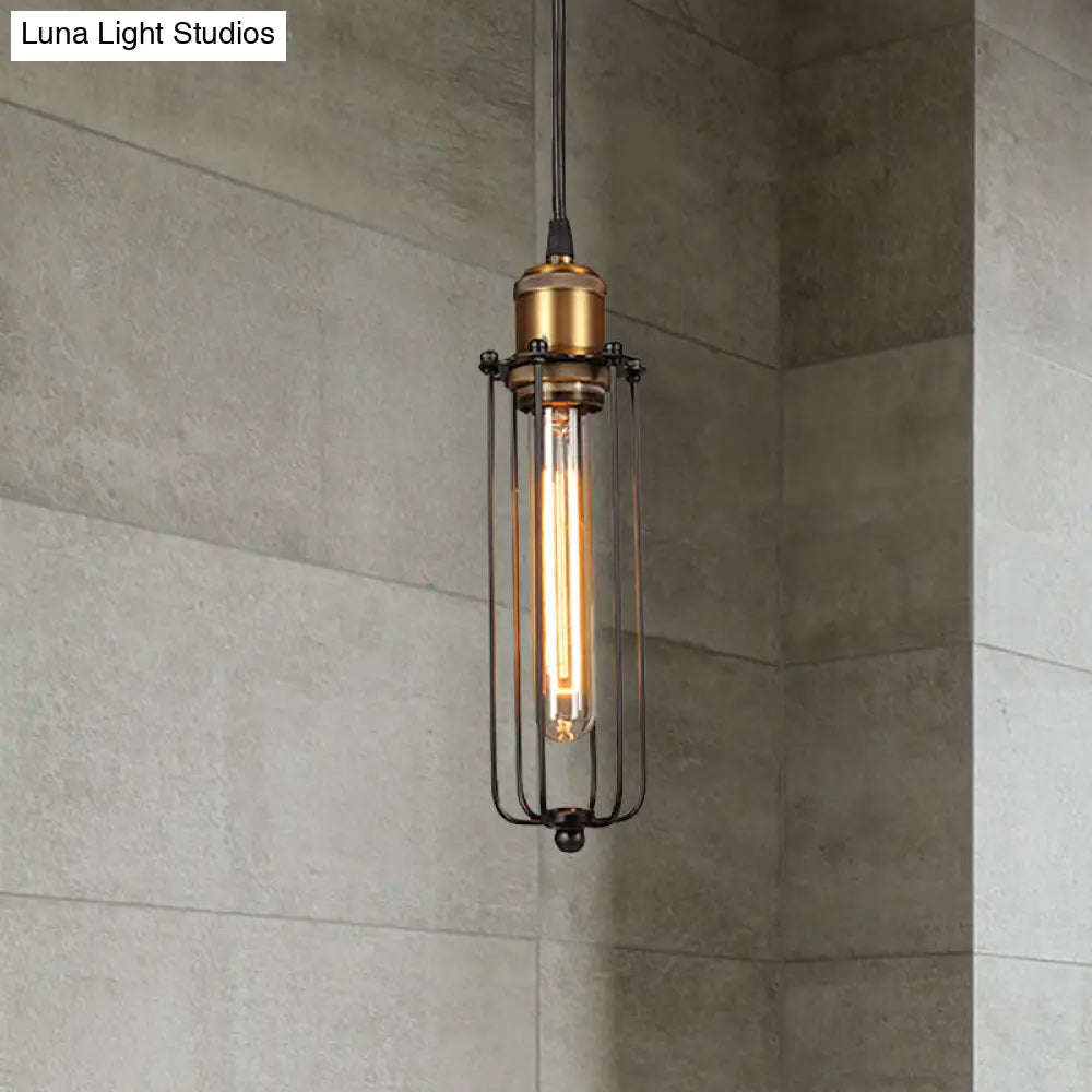 Industrial Brass Finish Tubed Pendant Lighting with Cage Shade - 1 Head Metal Hanging Ceiling Light