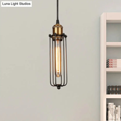 Industrial Brass Finish Tubed Pendant Lighting with Cage Shade - 1 Head Metal Hanging Ceiling Light