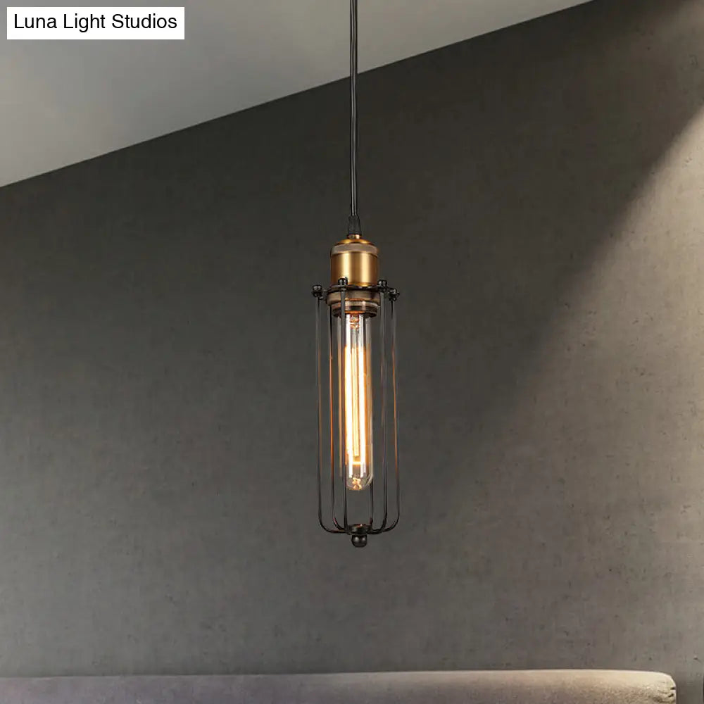 Industrial Brass Finish Tubed Pendant Lighting with Cage Shade - 1 Head Metal Hanging Ceiling Light