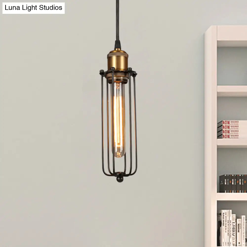 Industrial Brass Finish Tubed Pendant Lighting with Cage Shade - 1 Head Metal Hanging Ceiling Light