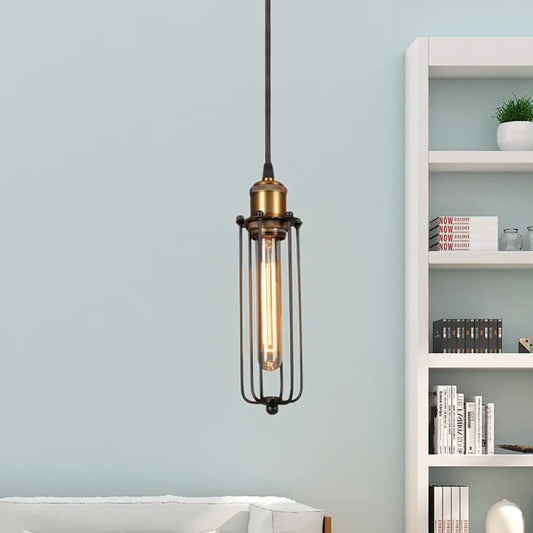 Industrial Brass Finish Tubed Pendant Lighting with Cage Shade - 1 Head Metal Hanging Ceiling Light