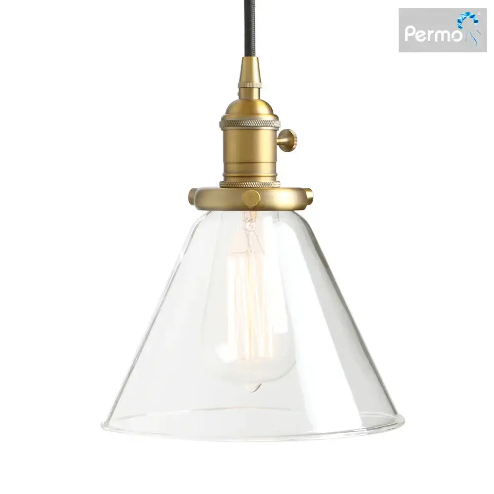 Clear glass bell-shaped pendant light with brass industrial funnel flared glass fixture featuring exposed edison bulb