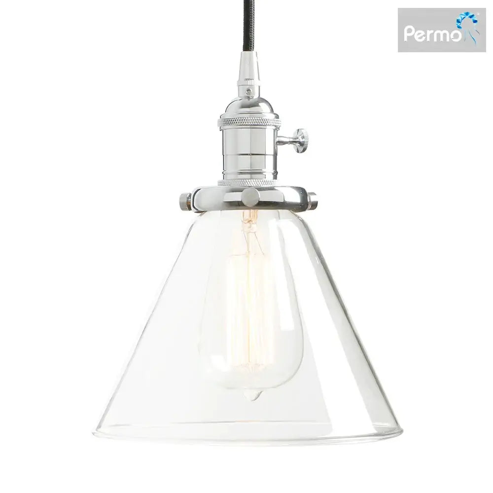 Chrome finished industrial pendant light with clear funnel flared glass shade and exposed edison bulb by decorbites funnel flared