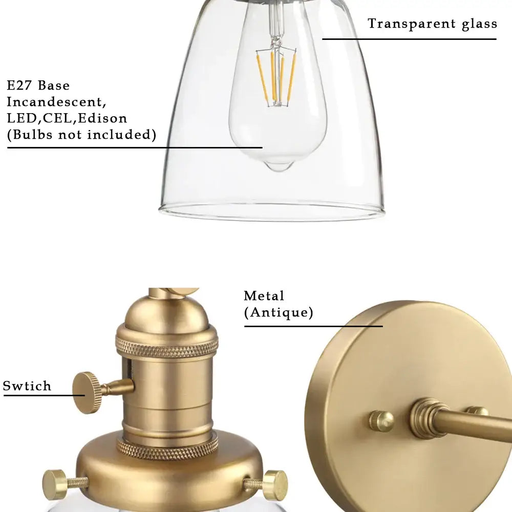 Industrial brass glass wall sconce light with antique brass finish and transparent glass shade for bedroom use