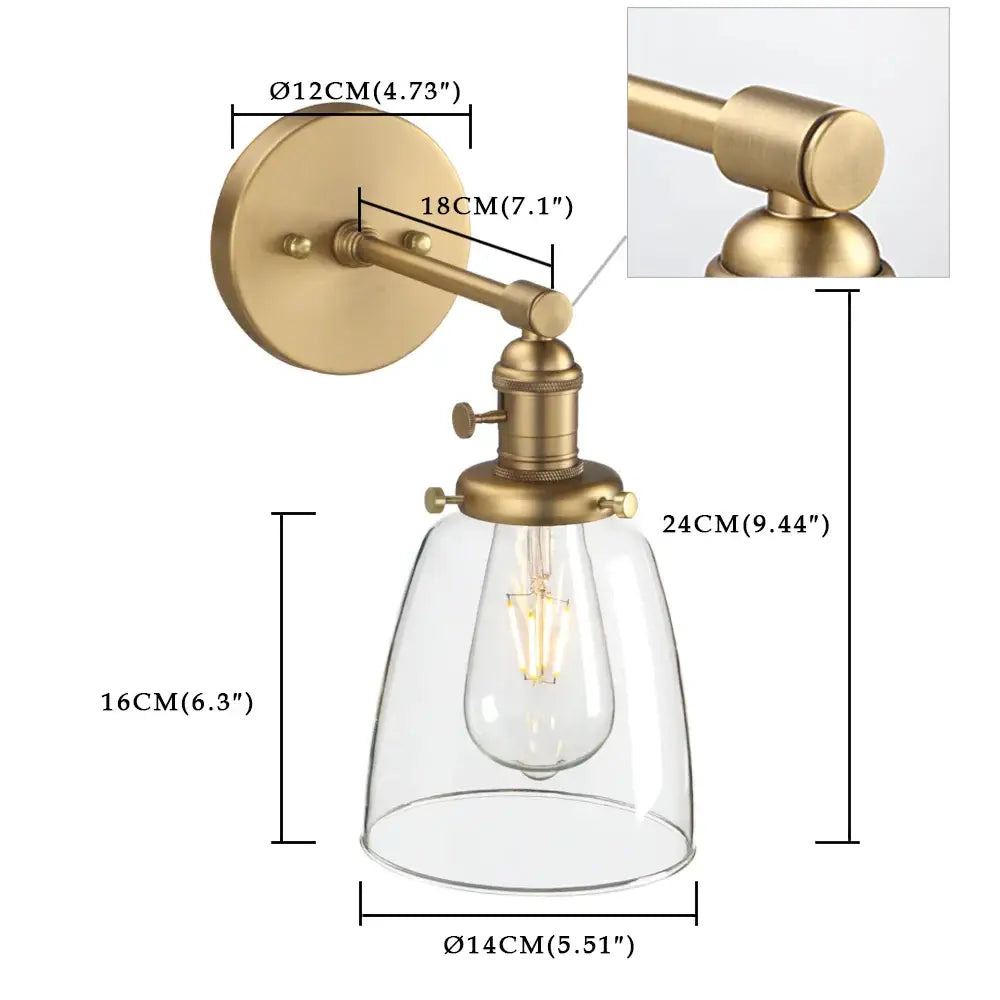 Industrial brass glass wall sconce light with clear glass shade and exposed edison bulb for bedroom use