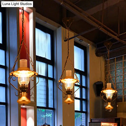 Industrial Brass Iron and Glass Lantern Ceiling Pendant - Single Light Bedroom Pendant