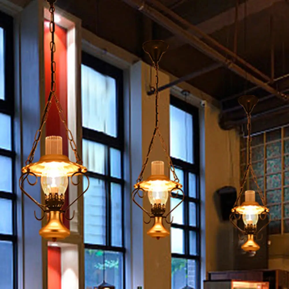 Industrial Brass Iron and Glass Lantern Ceiling Pendant - Single Light Bedroom Pendant