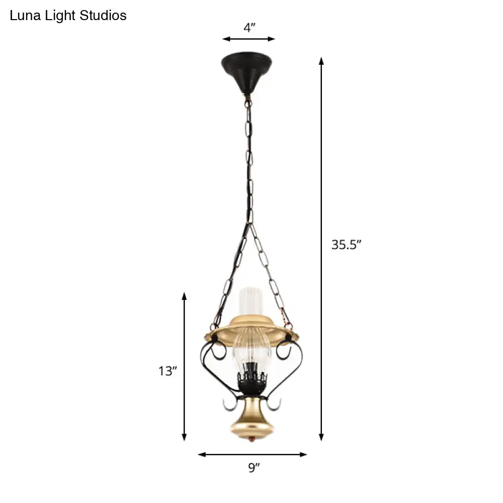 Industrial Brass Iron and Glass Lantern Ceiling Pendant - Single Light Bedroom Pendant