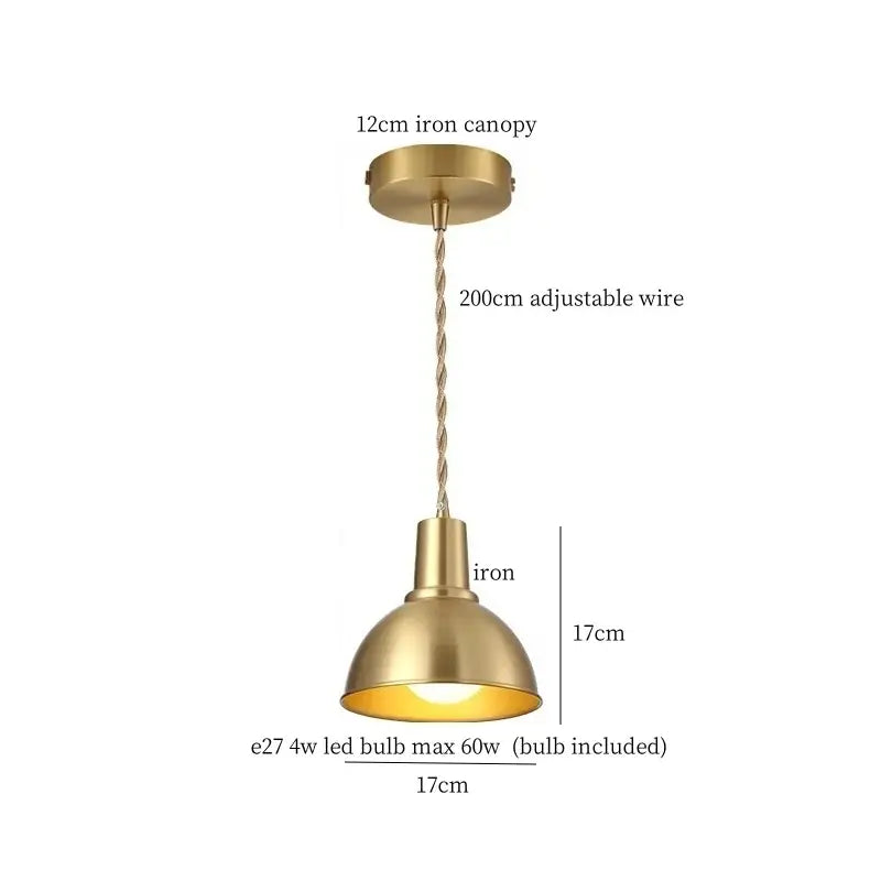 Industrial brass iron art led pendant light with brass finish twisted wire suspension and dome-shaped shade for decorbites kitchen decor