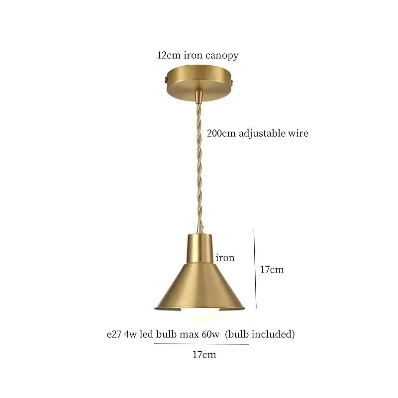 Brass-finished iron art led pendant lights with conical shade and twisted wire suspension for kitchen decorbites decor