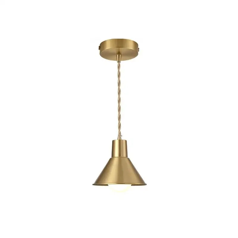 Industrial brass iron art led pendant light with brass-finished conical shade and twisted cord suspension for kitchen decorbites decor