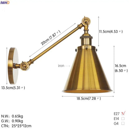 Brass-finished industrial-style long arm led wall light with conical shade and adjustable arm for bedroom sconce use