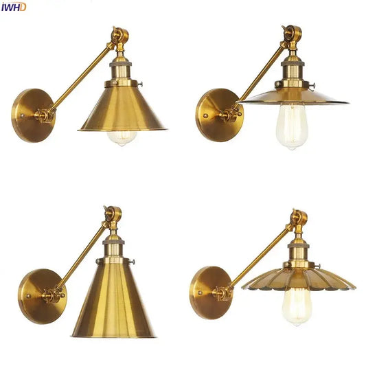 Industrial brass long arm led wall light with adjustable arms and conical shades for bedroom sconce use