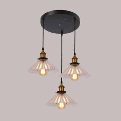 Industrial Brass Pendant Lighting with Flared Ribbed Clear Glass - 3-Light Hanging