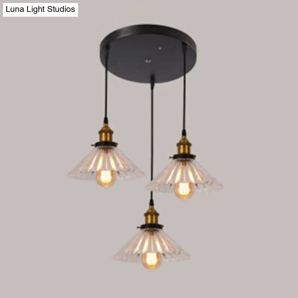 Industrial Brass Pendant Lighting with Flared Ribbed Clear Glass - 3-Light Hanging