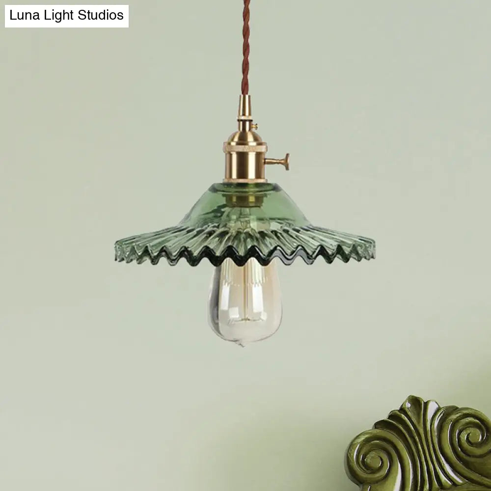 Industrial Brass Scalloped Pendant Light with Glass Shade - 1-Light Hanging Ceiling Fixture for Dining Room - Black/White/Green Design