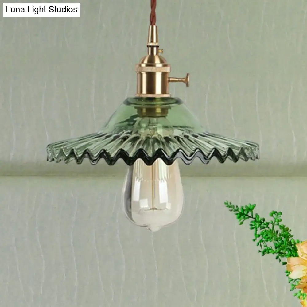 Industrial Brass Scalloped Pendant Light with Glass Shade - 1-Light Hanging Ceiling Fixture for Dining Room - Black/White/Green Design