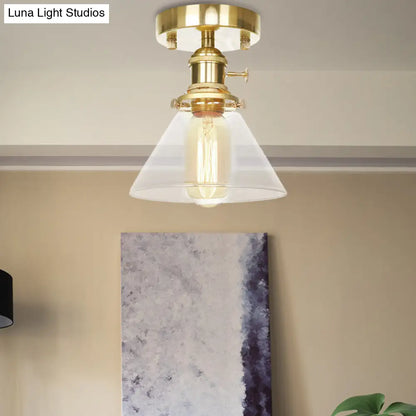 DecorBites™ DecorBites™ Industrial Brass Semi-Flush Light with Clear/Amber Glass for Living Room - One Light Cone Fixture