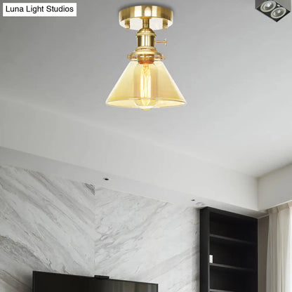 DecorBites™ DecorBites™ Industrial Brass Semi-Flush Light with Clear/Amber Glass for Living Room - One Light Cone Fixture