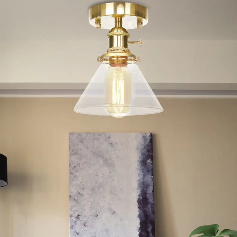 DecorBites™ DecorBites™ Industrial Brass Semi-Flush Light with Clear/Amber Glass for Living Room - One Light Cone Fixture