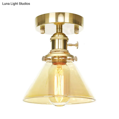 DecorBites™ DecorBites™ Industrial Brass Semi-Flush Light with Clear/Amber Glass for Living Room - One Light Cone Fixture