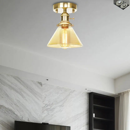 DecorBites™ DecorBites™ Industrial Brass Semi-Flush Light with Clear/Amber Glass for Living Room - One Light Cone Fixture
